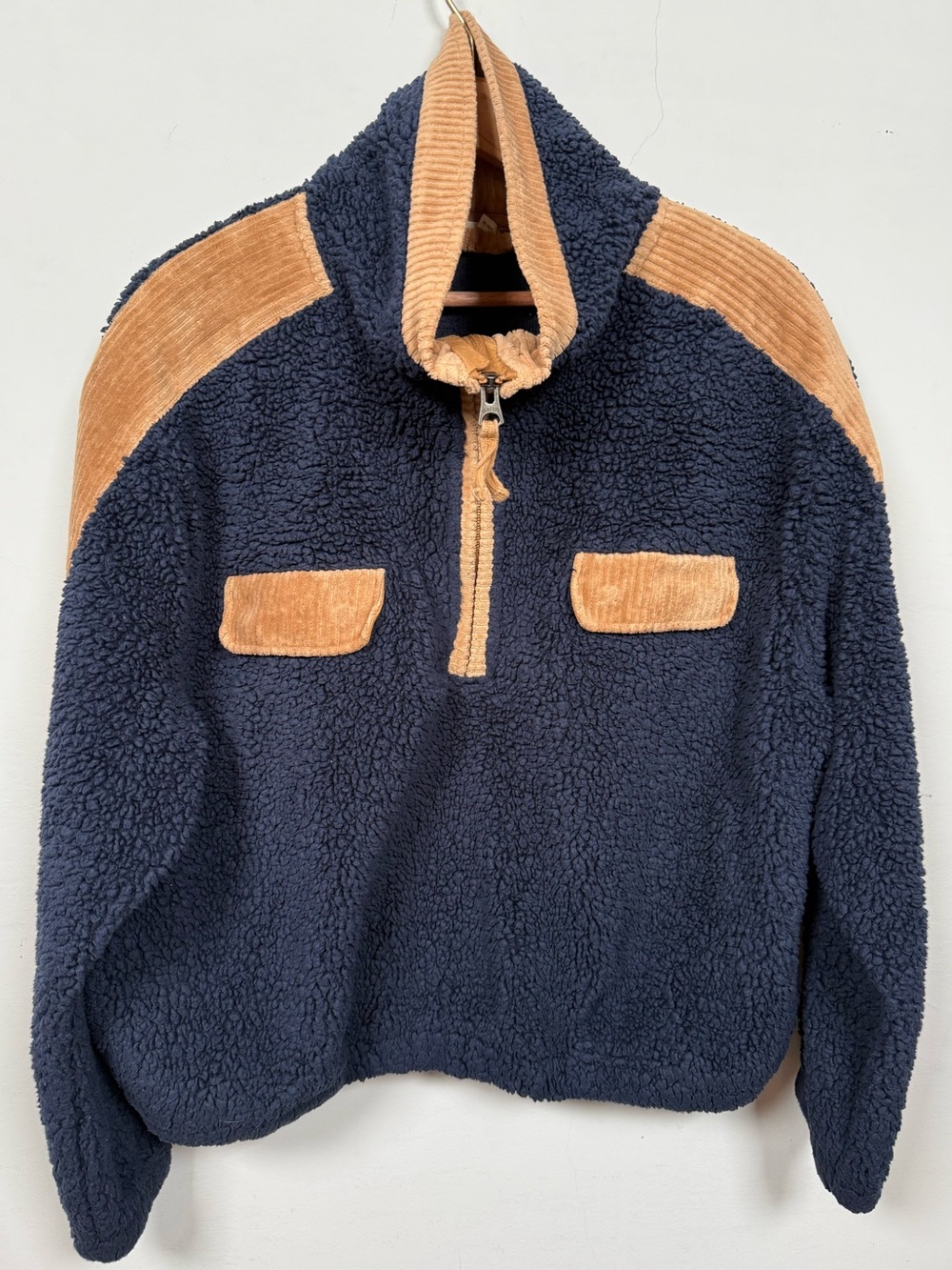 Faherty Mix Cord Fleece Pullover Navy Tan Corduroy Quarter Zip Jacket Medium M